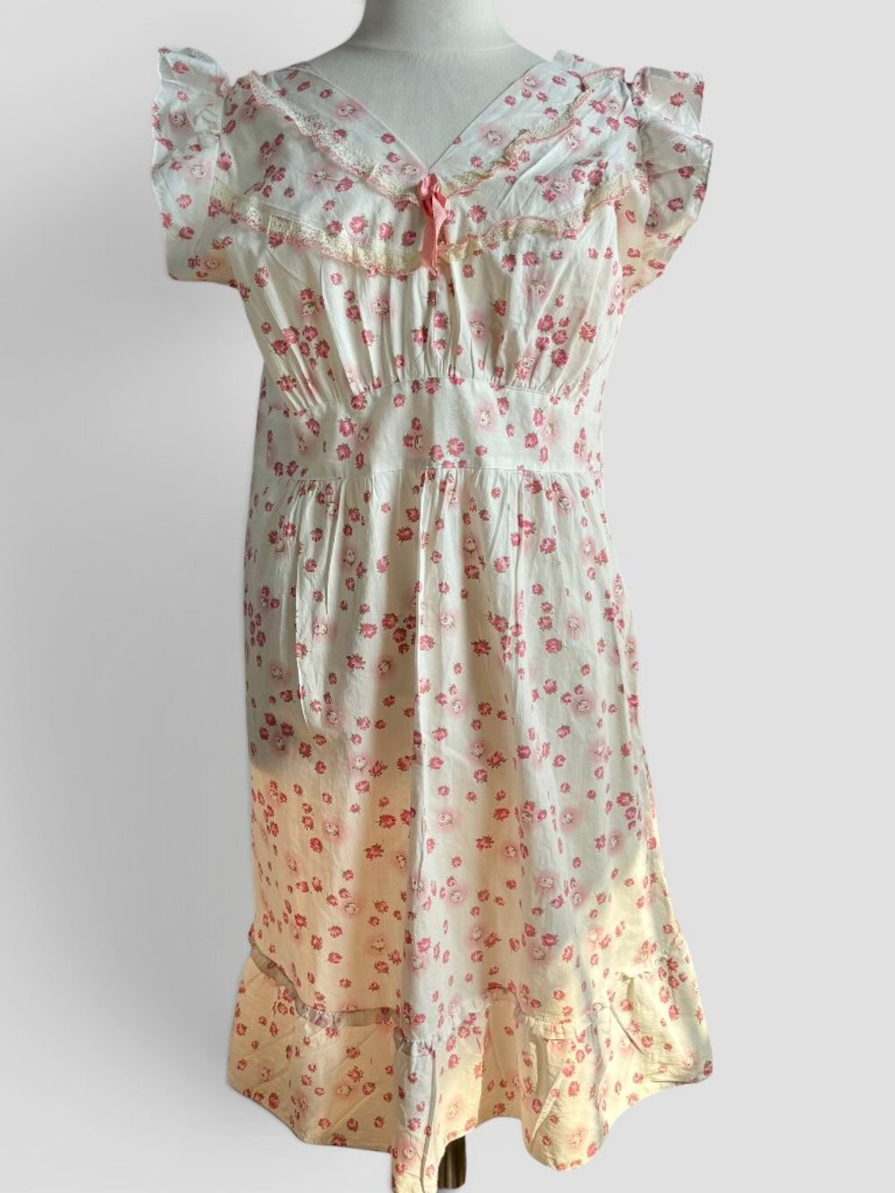 Vintage 1950s 1960s Pink Floral Cotton Handmade Summer Nightgown L/XL